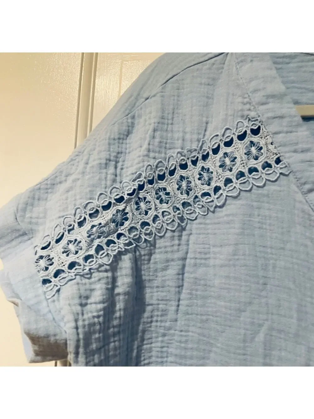 Cupshe Light Blue V-Neck Button Front Crochet-Trim Blouse